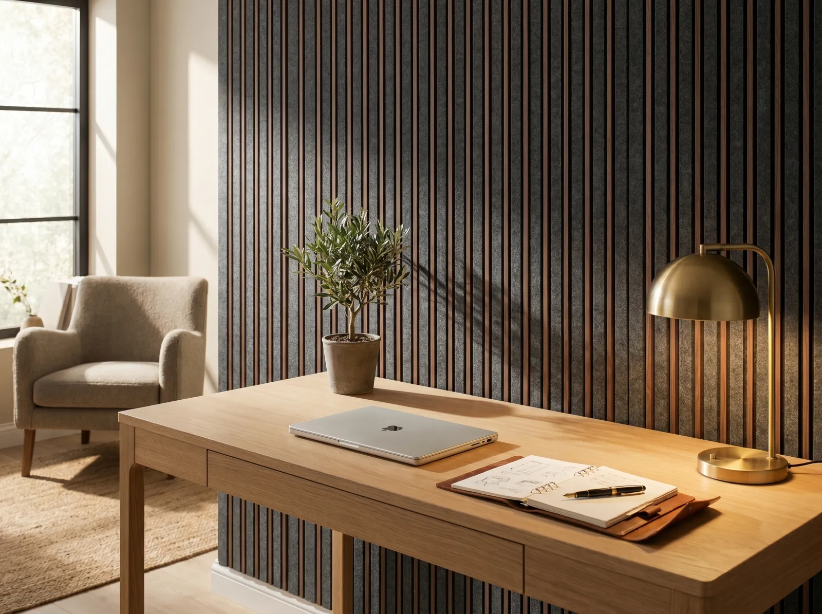 Home-Office mit grauen Filzpaneelen hinter dem Schreibtisch