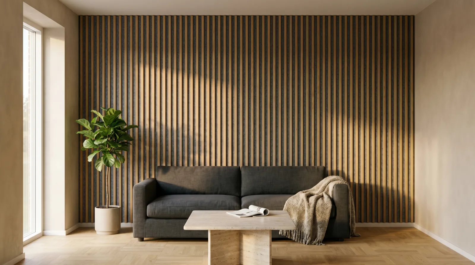 Modernes Wohnzimmer mit Akustikpaneelen aus Eichenholz